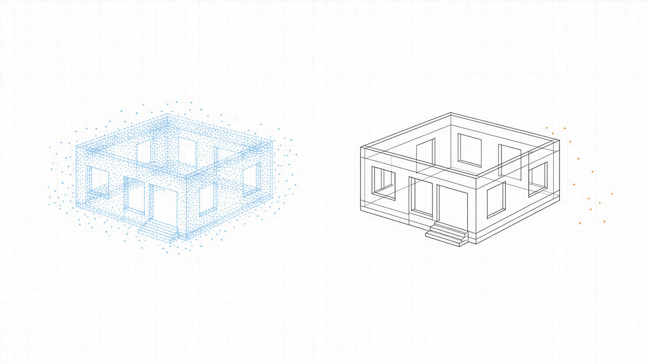 scan point cloud beside a wireframe model